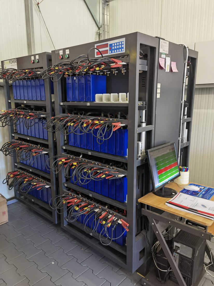 Battery module testing racks at German partner facility
